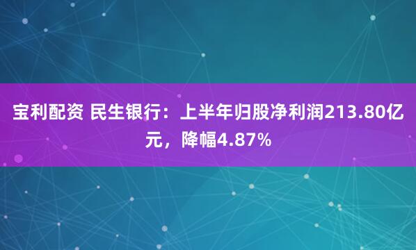 宝利配资 民生银行：上半年归股净利润213.80亿元，降幅4.87%